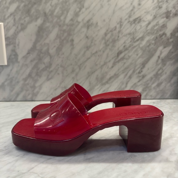Gucci “Plastique” Logo Rubber Heeled Red Mule Slides Sandals 37.5 - Picture 6 of 8